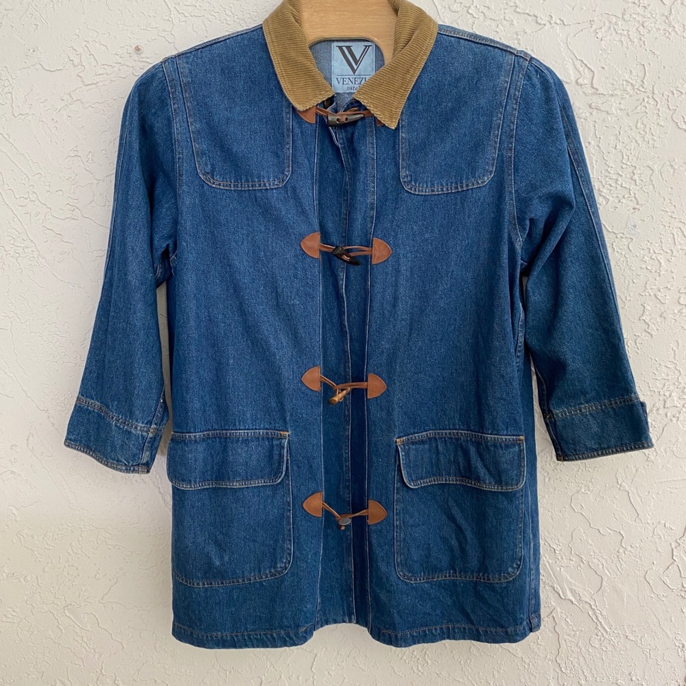 Vintage Venezia Denim Toggle Barn Coat Womens M Blue Corduroy Grandma Granola